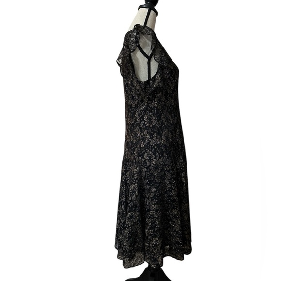 Tommy Hilfiger Black Gold Floral Mesh Lace Dress Flutter Sleeve Dress Sz. 12 - Picture 11 of 14